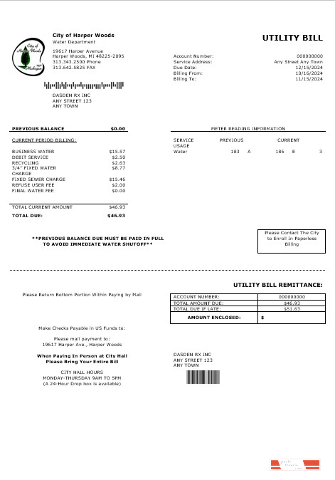 USA CITY OF HARPER WOODS business utility bill Word and PDF template PSD template